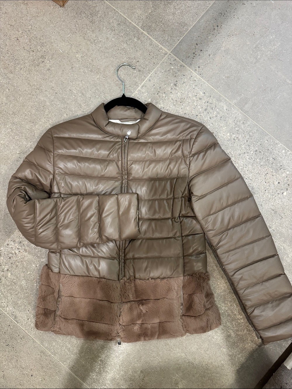 Armani Collezioni Down Quilted Puffer Jacket in Taupe with Real Fur Hem
